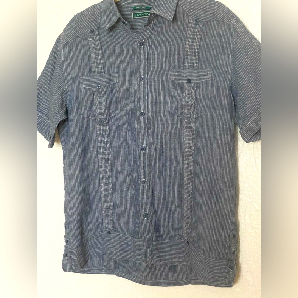 Cubavera 100% linen blue pinstriped short sleeve button down